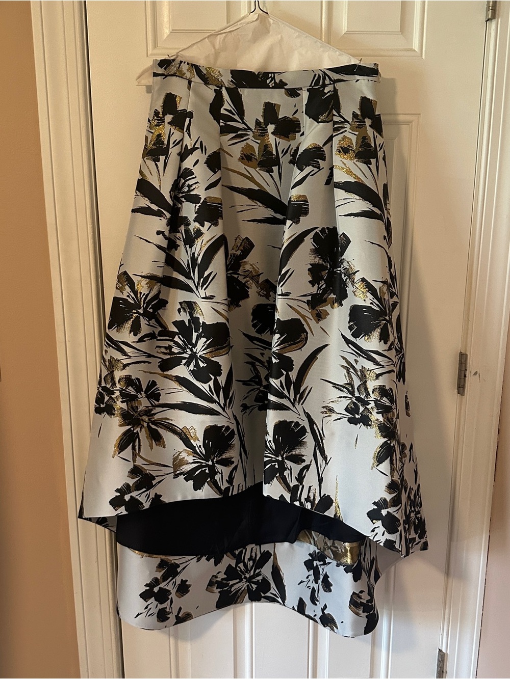 Eliza J White High-Low Floral Skirt with Black & Gold Accents